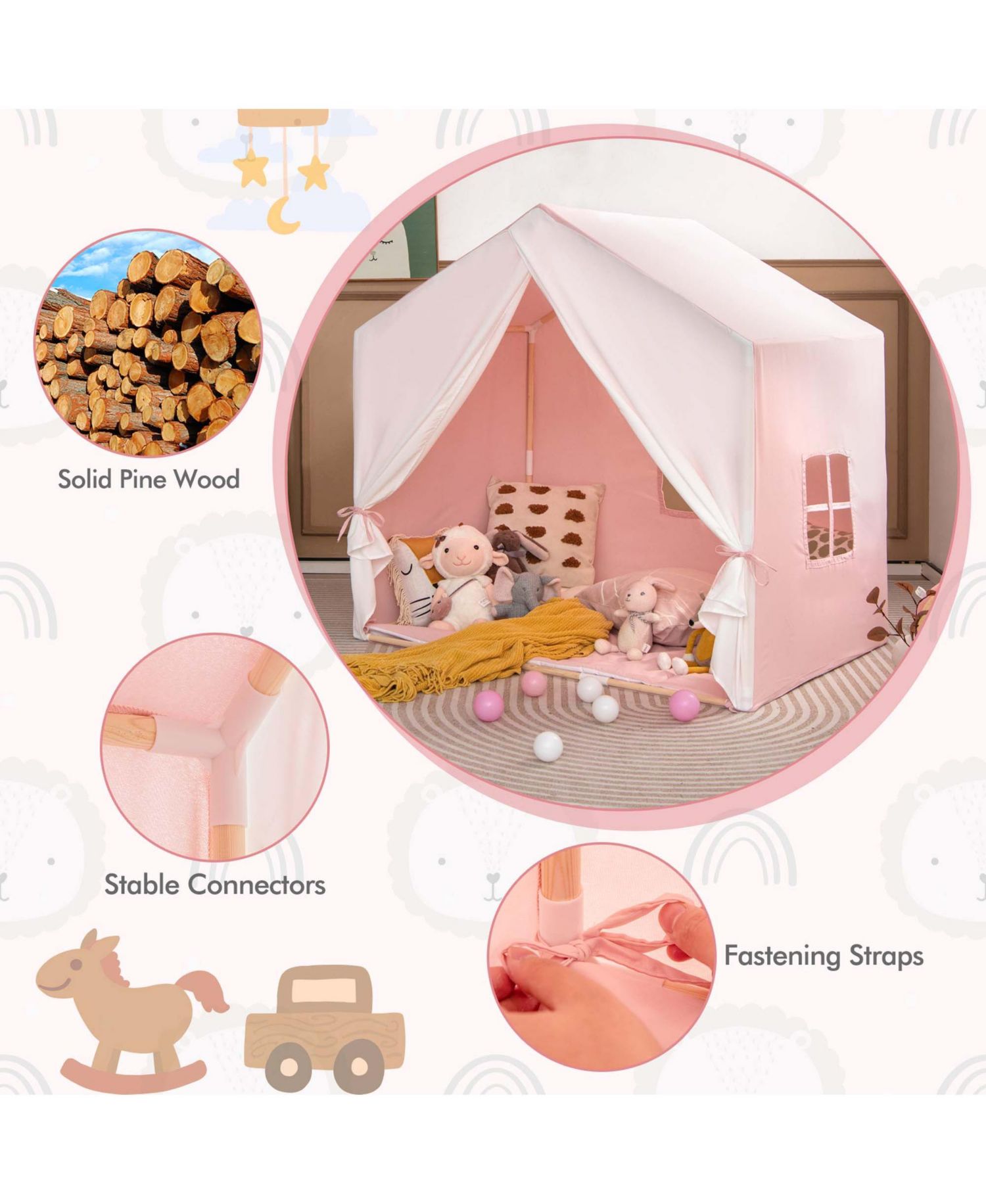 Kids' Castle Play Tent with Solid-Wood Frame and Washable Mat