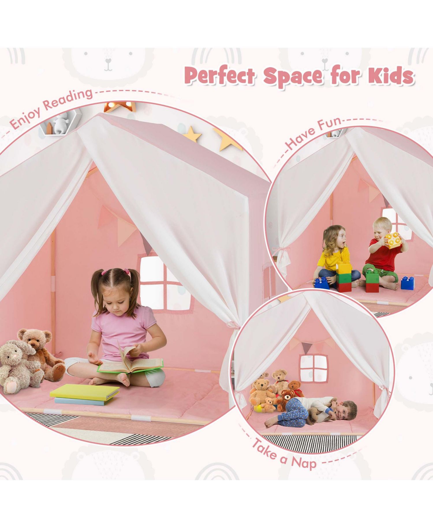 Kids' Castle Play Tent with Solid-Wood Frame and Washable Mat