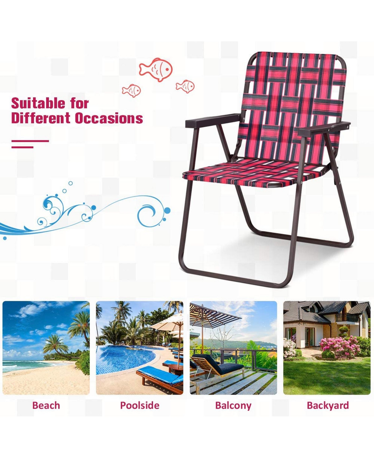 Gymax Set of 6 Patio Folding Web Chair Set Portable Beach Camping Chair- Red
