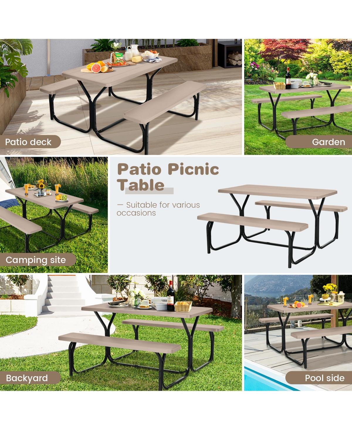 Gymax Picnic Table Camping Picnic Bench Set Backyard Garden Patio Dining Party