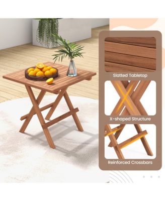 2 Pieces Indonesia Teak Wood Folding End Table Square Side Table w/ Slatted Tabletop Yard Natural