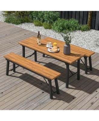 Patio Folding Picnic Table Acacia Wood Dining Table w/ Metal Frame
