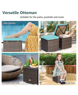 2PCS Patio Rattan Ottomans Seat Side Table Storage Box Footstool with Cushion