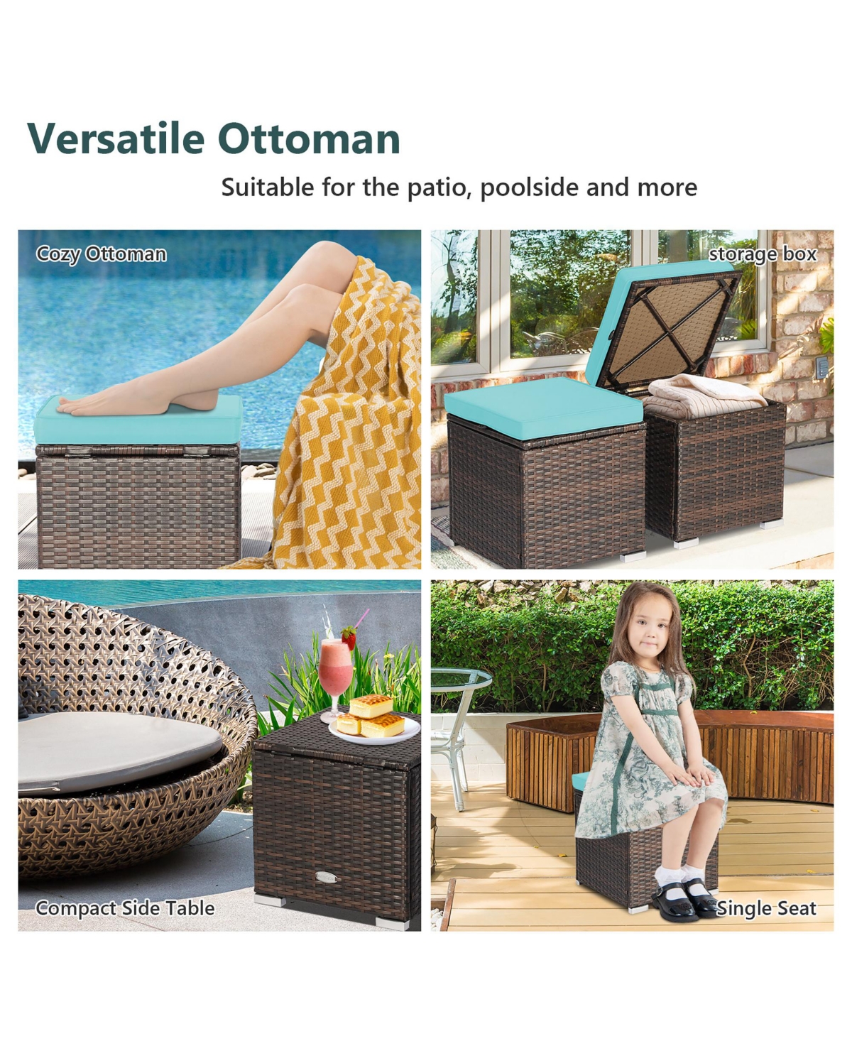 Costway 2PCS Patio Rattan Ottomans Seat Side Table Storage Box Footstool with Cushion
