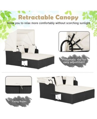 Patio Rattan Daybed Lounge Retractable Top Canopy Side Tables Cushions