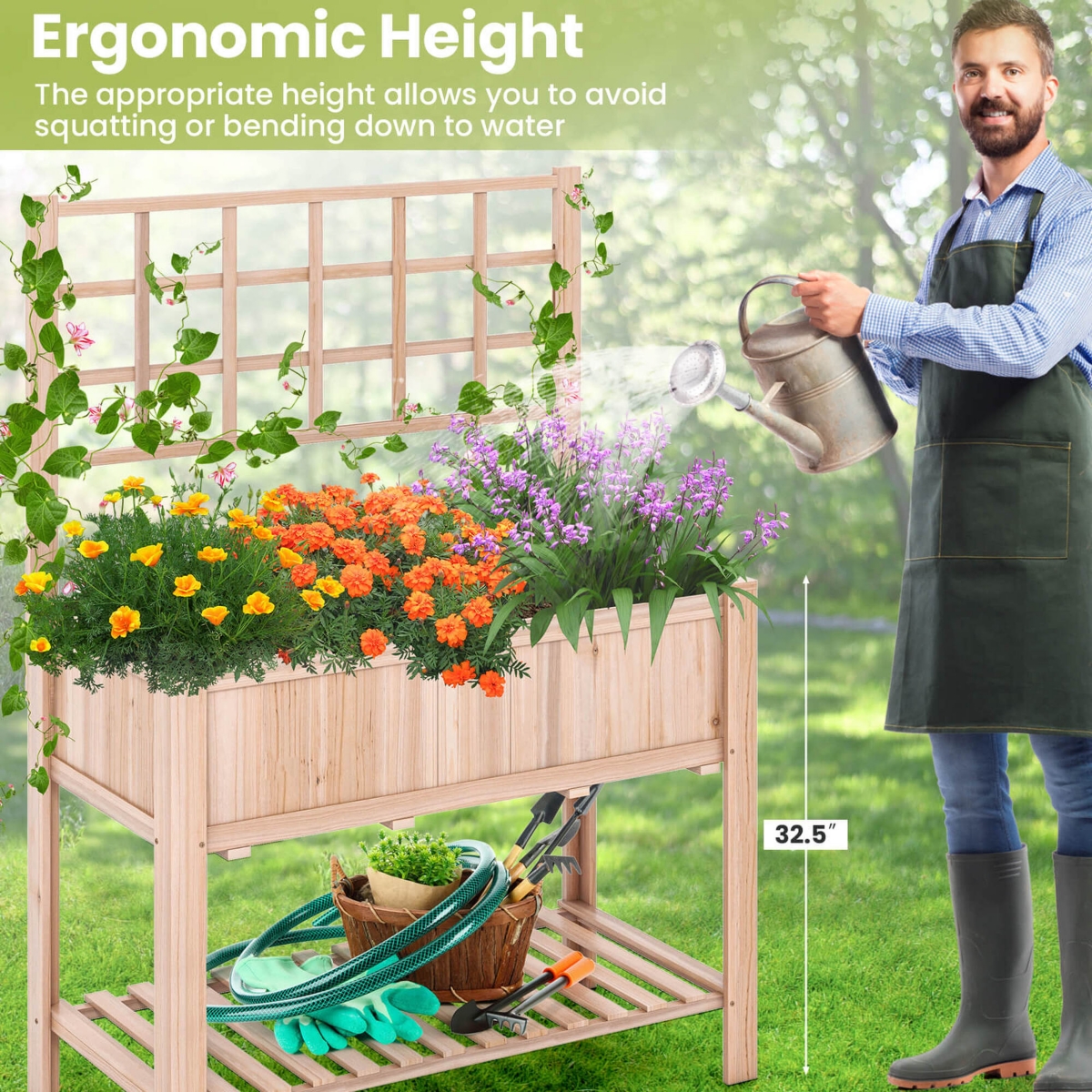 Costway Raised Garden Bed Elevated Wooden Planter Box with Trellis & Open Storage Shelf