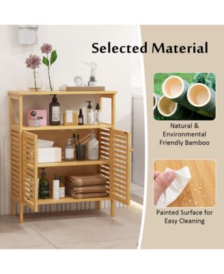 Bamboo Floor Cabinet Bathroom Storage Cabinet Storage Organizer w/ Shutter Doors