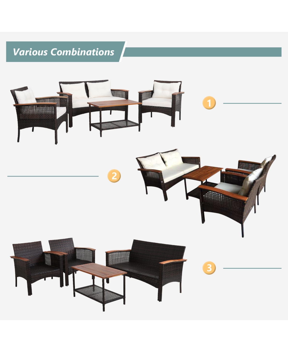 Gymax 4PCS Rattan Patio Furniture Set Acacia Wood Outdoor Conversation Set w/ Cushions - White+brown