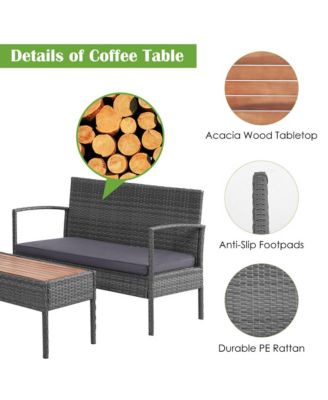 8PCS Rattan Patio Conversation Furniture Set w/ Acacia Wood Tabletop & Cushions