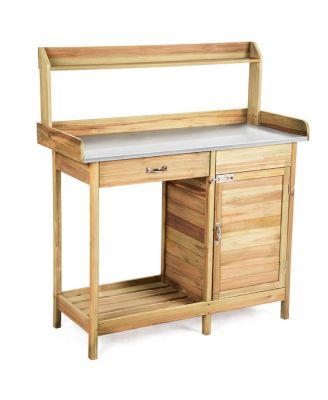 Outdoor Potting Bench Garden Wooden Work Station Metal Tabletop Cabinet Drawer