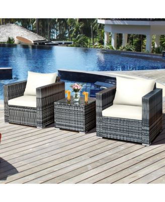 3 PC Patio Rattan Furniture Bistro Set Cushioned Sofa Chair Table