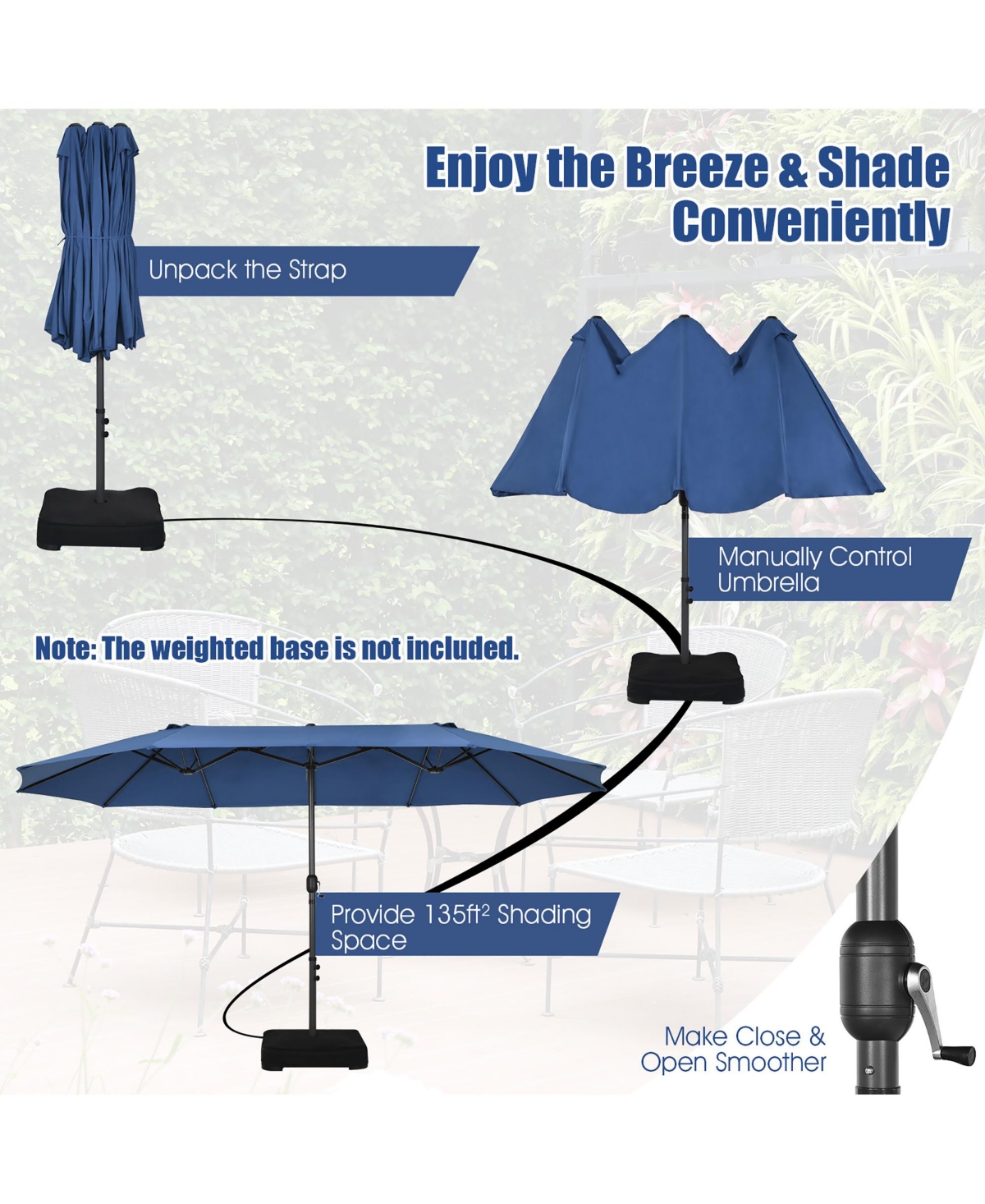 Costway 15FT Patio Double-Sided Umbrella Crank Outdoor Garden Market Sun Shade