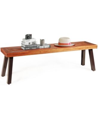 Set of 2 Patio Acacia Wood Dining Bench with Rustic Steel Legs Outdoor Indoor