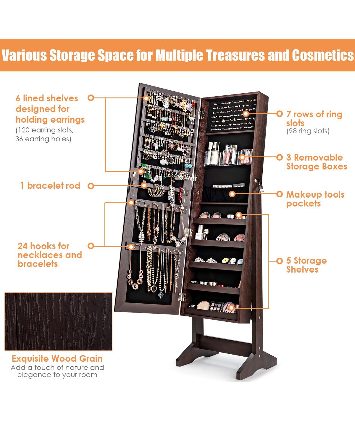 Costway Jewelry Cabinet Stand Armoire Box Lockable Organizer w/ Full Screen Mirror