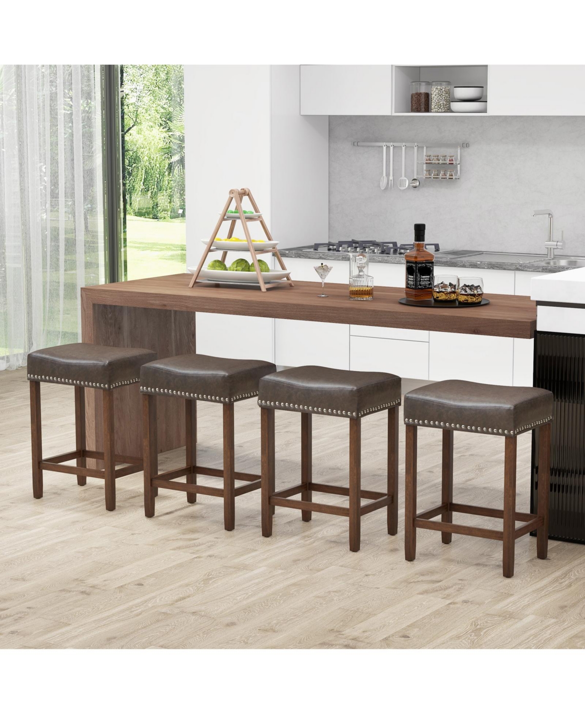 Costway Upholstered Bar Stools Set of 2 with Footrests Rubberwood Frame Saddle-shaped