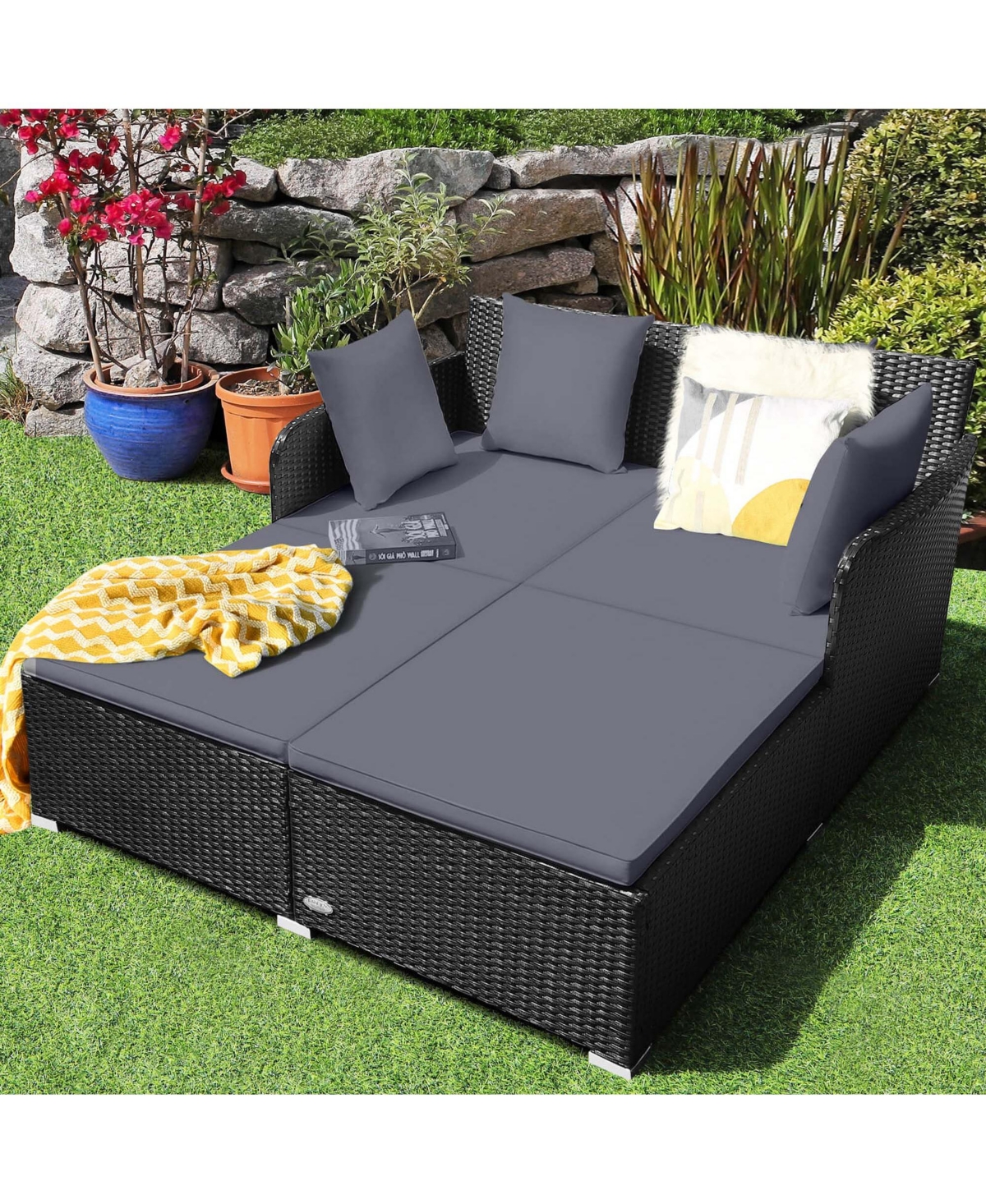 Costway Outdoor Patio Rattan Daybed Pillows Cushioned Sofa Furniture