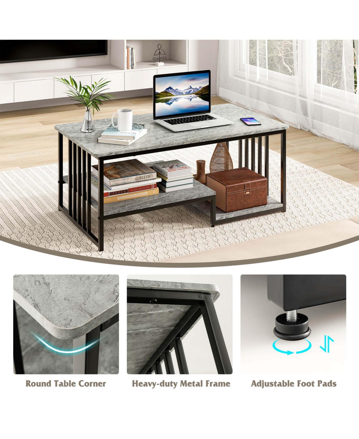 Costway Faux Marble Coffee Table Rectangular 2-Tier Center Table with Open Storage Shelf