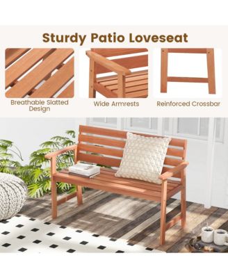 Patio Solid Wood Bench Wood 2-Seat Chair with Slatted Seat & Inclined Backrest