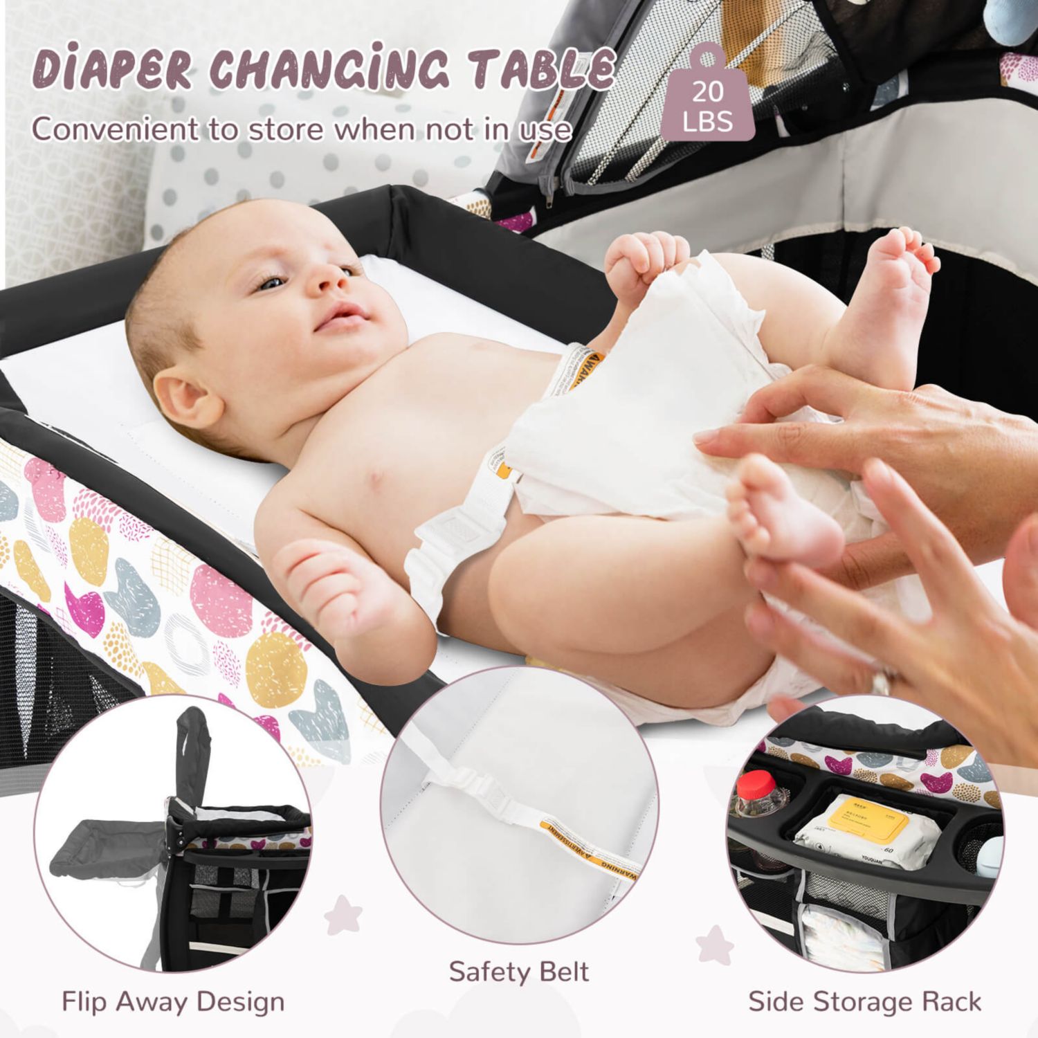 Pack Play Baby Diaper Changing Table 4 in 1 Foldable with Mattress