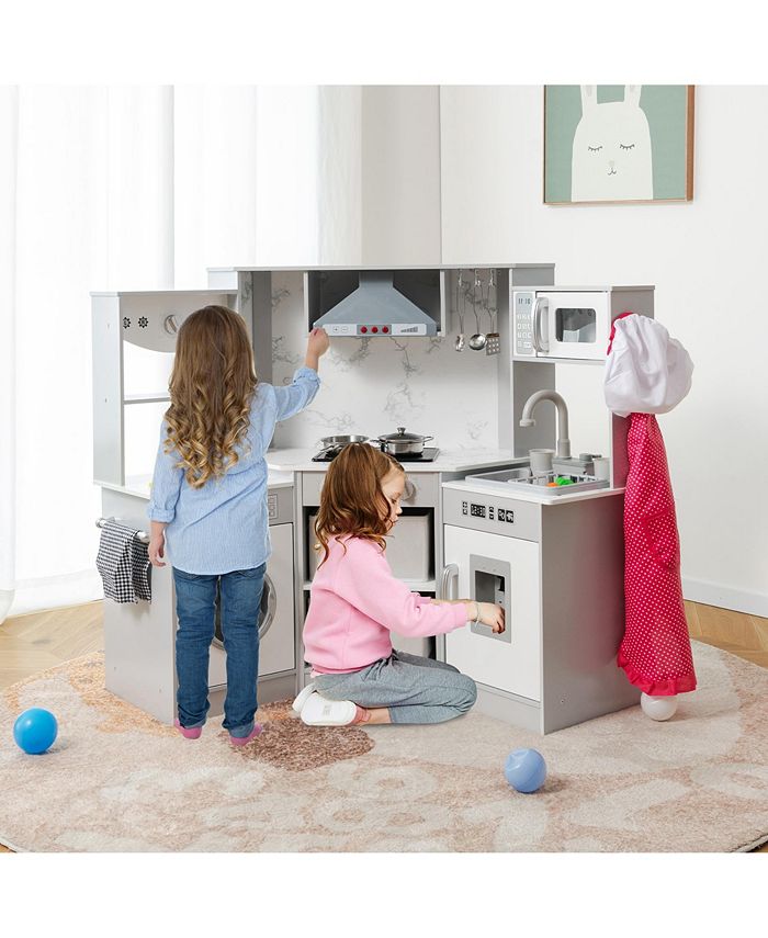 Costway Wooden Kids Play Corner Kitchen with Realistic Lights & Sounds