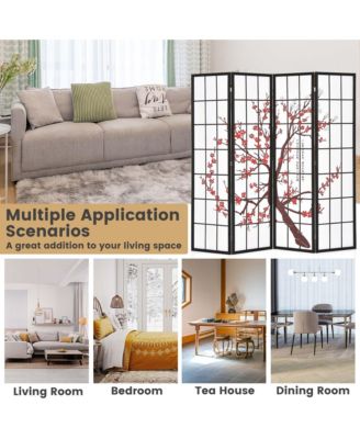 4-Panel Japanese Style Folding Room Divider with Elegant Plum Blossom Design Indoor