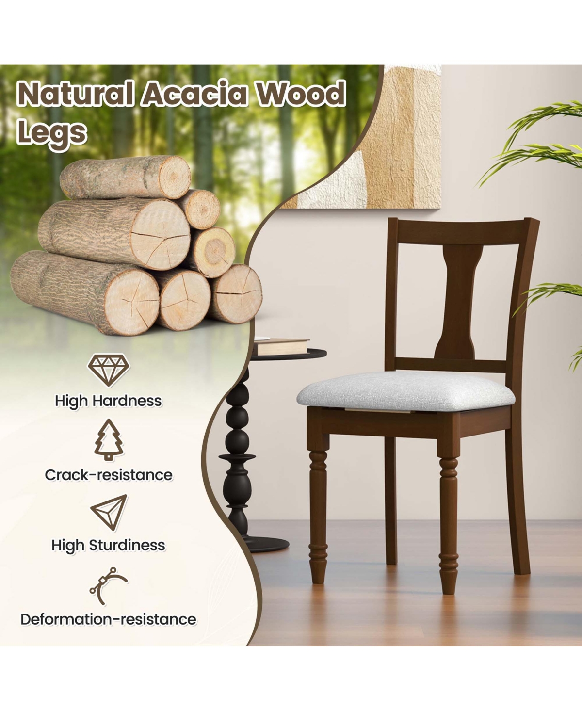 Costway 2 Pcs Wood Chair Antique Upholstered Chair with Storage Space