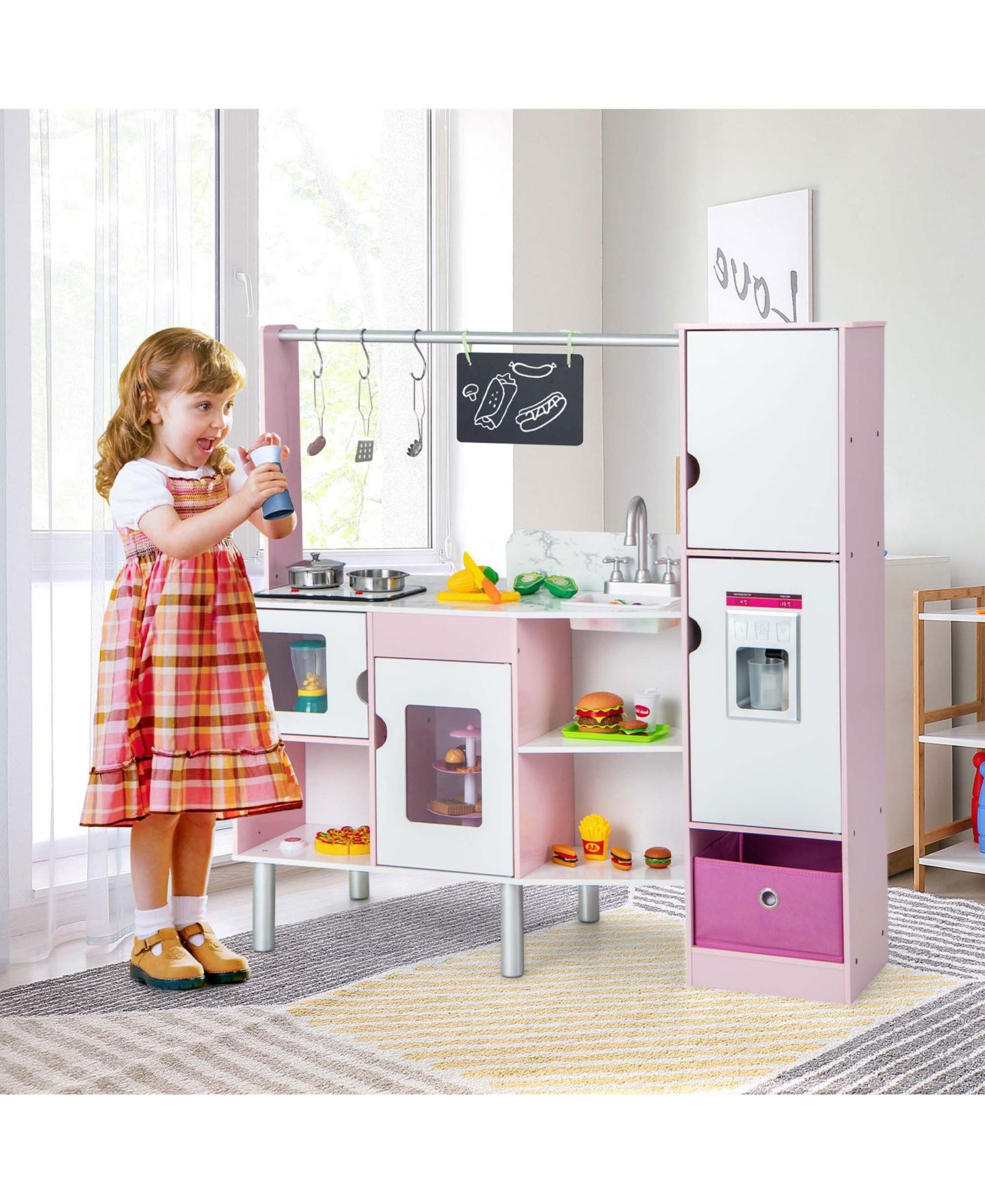 Детская игрушка Costway 2-in-1 Kids Kitchen & Market with Lights and Sounds Play Set, от 3 лет, цвет: Розовый — фото 4