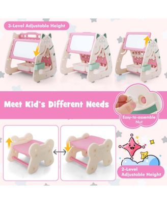 Costzon 3-in-1 Kids Art Easel With Book Rack & Desk - Adjustable Height, Pink, Includes Stool & Storage