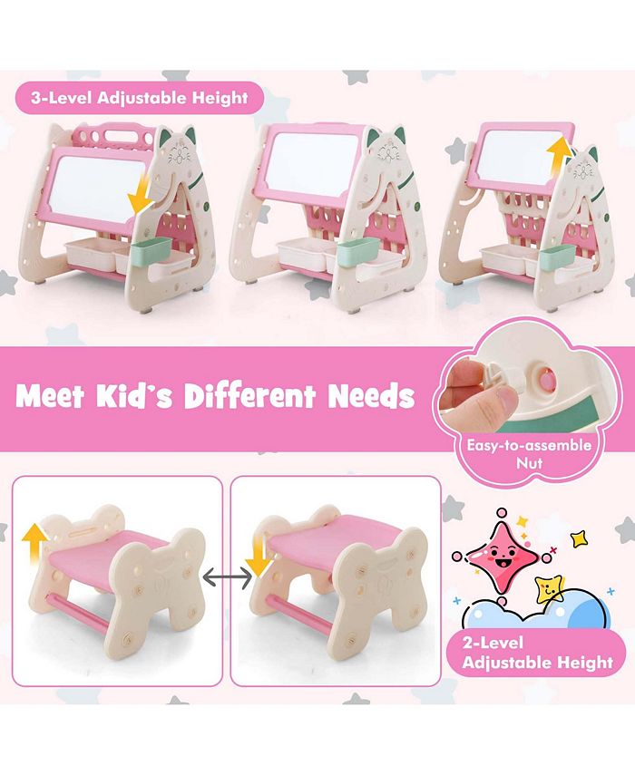 Costzon 3-in-1 Kids Art Easel With Book Rack & Desk - Adjustable Height, Pink, Includes Stool & Storage