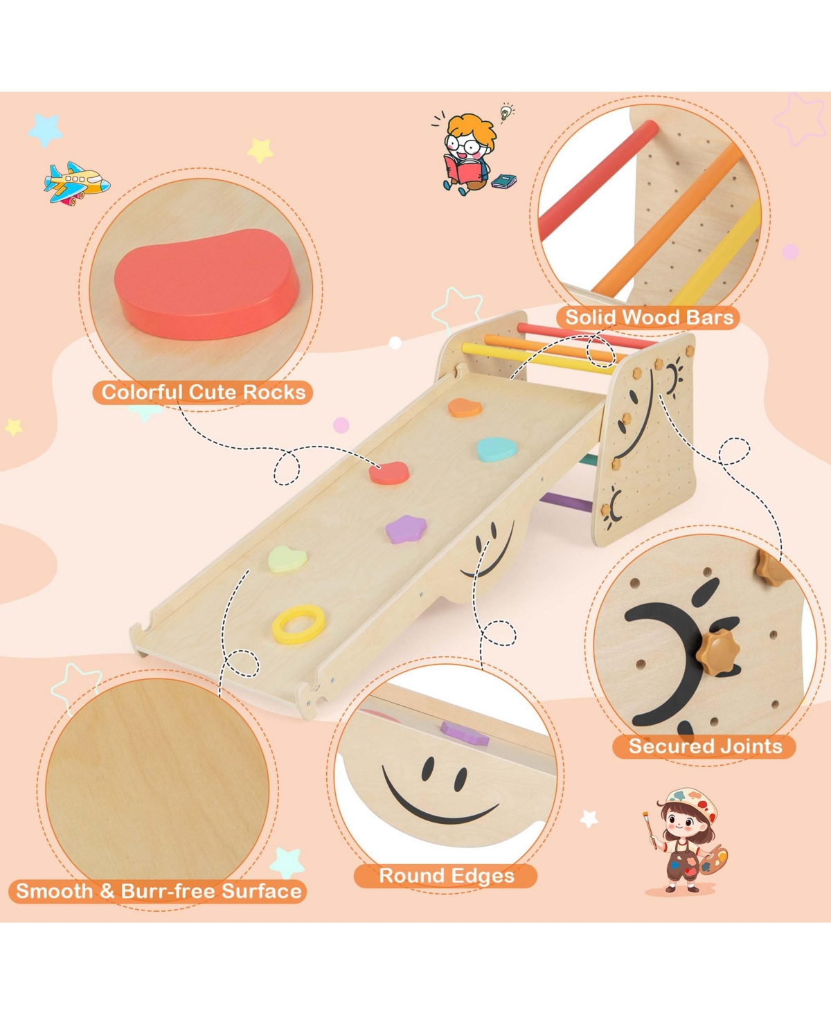 Costway Wooden Climbing Toy Triangle Climber Set of 2 with Seesaw Dual-sided Ramp Indoor