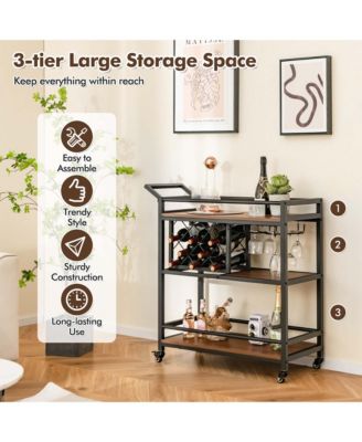 3-tier Bar Cart on Wheels Home Kitchen Serving Cart with Wine Rack & Glass Holder