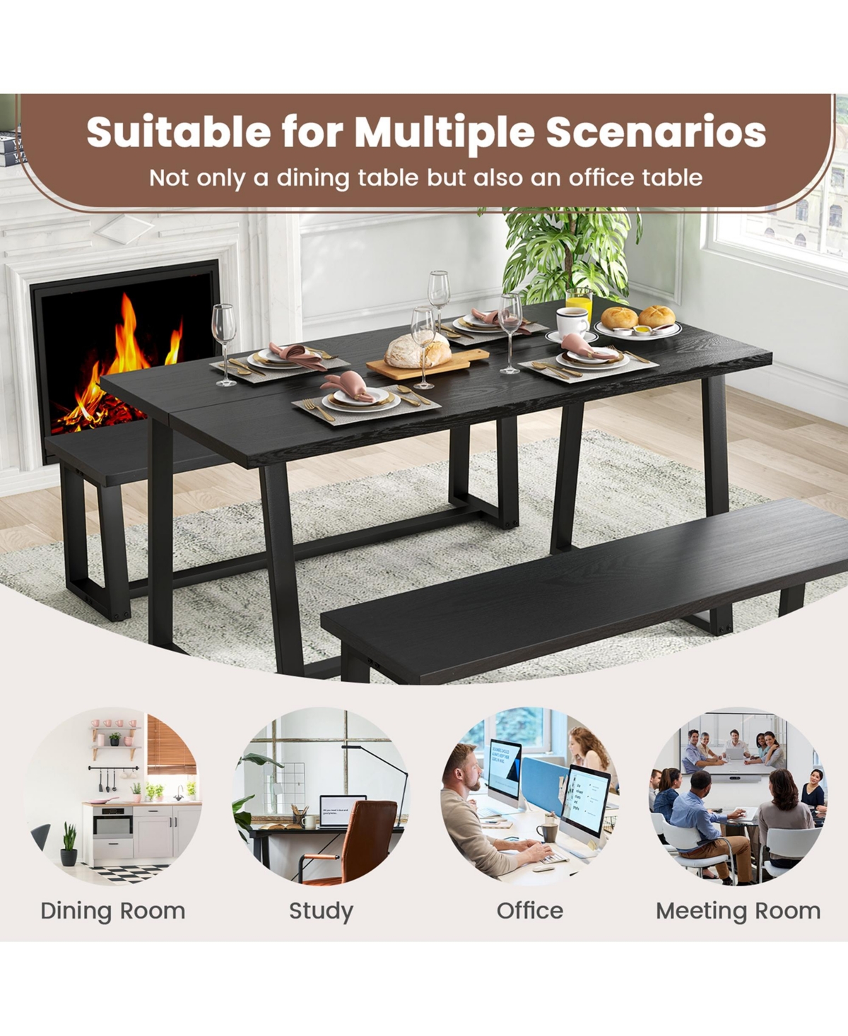 Costway Large Dining Table for 4-6 People with Heavy-duty Metal Frame Modern
