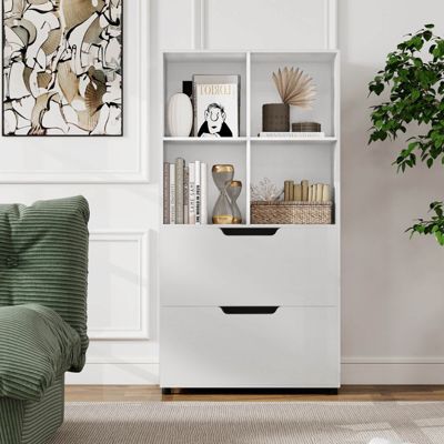 Bookcase with 2 Drawers 4-Tier Open Bookshelf with 4 Storage Cubes for Home Office