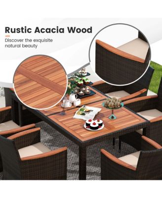 7 Pieces Outdoor Wicker Dining Set with Acacia Wood Table and 6 Stackable Chairs