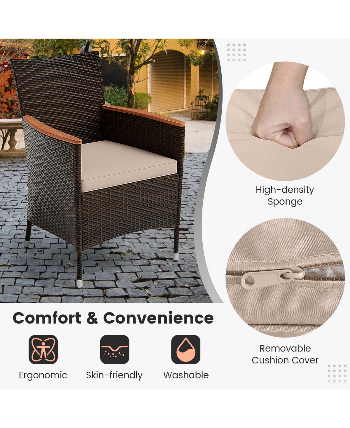 Costway 7 Pieces Outdoor Wicker Dining Set with Acacia Wood Table and 6 Stackable Chairs -khaki