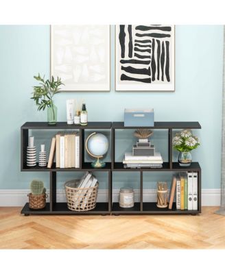 2-Tier Bookshelf Free Standing Wooden Display S-Shaped Shelf Storage Rack