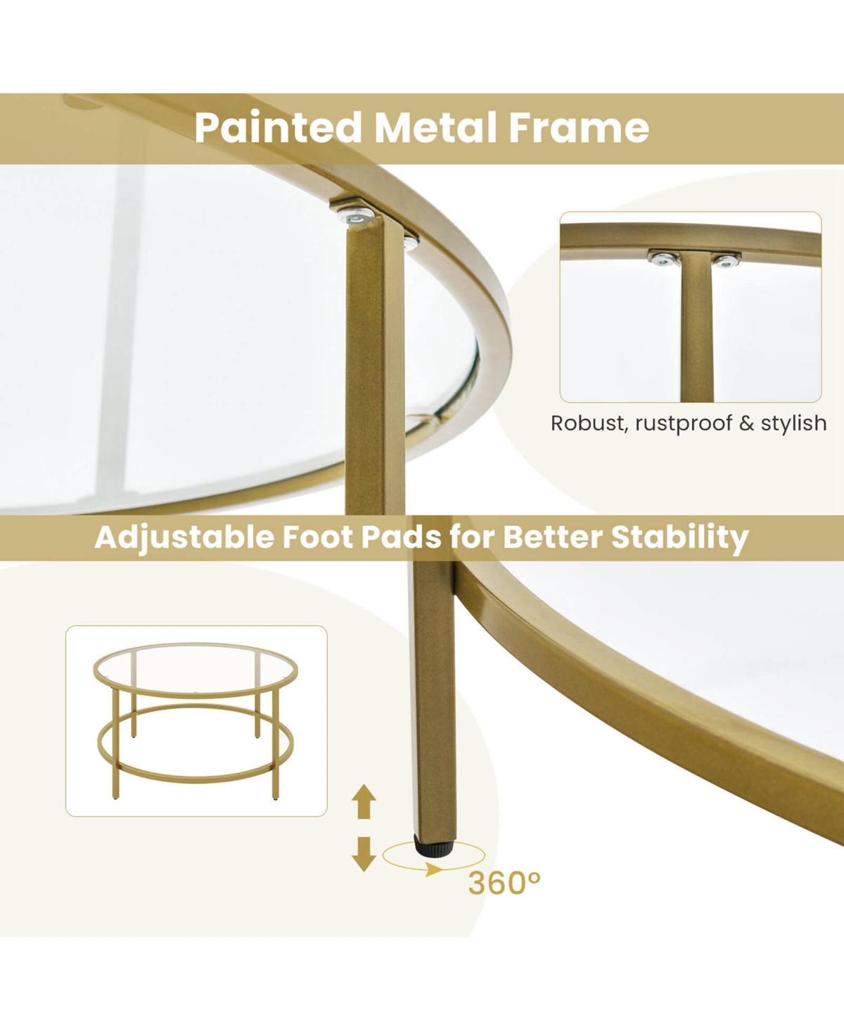 Costway 36'' Round Coffee Table Tempered Glass Tabletop Metal Frame Living Room