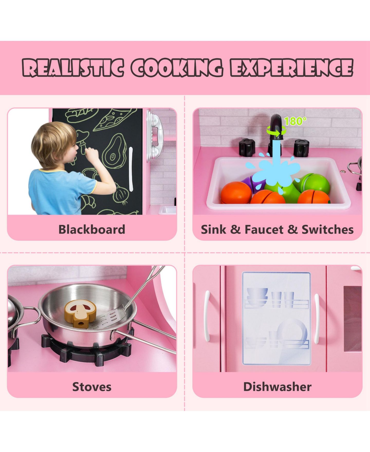 Детские игрушки Costway Blackboard 11-Piece Pretend Play Kitchen, Ages 3+, цвет: Розовый — фото 9