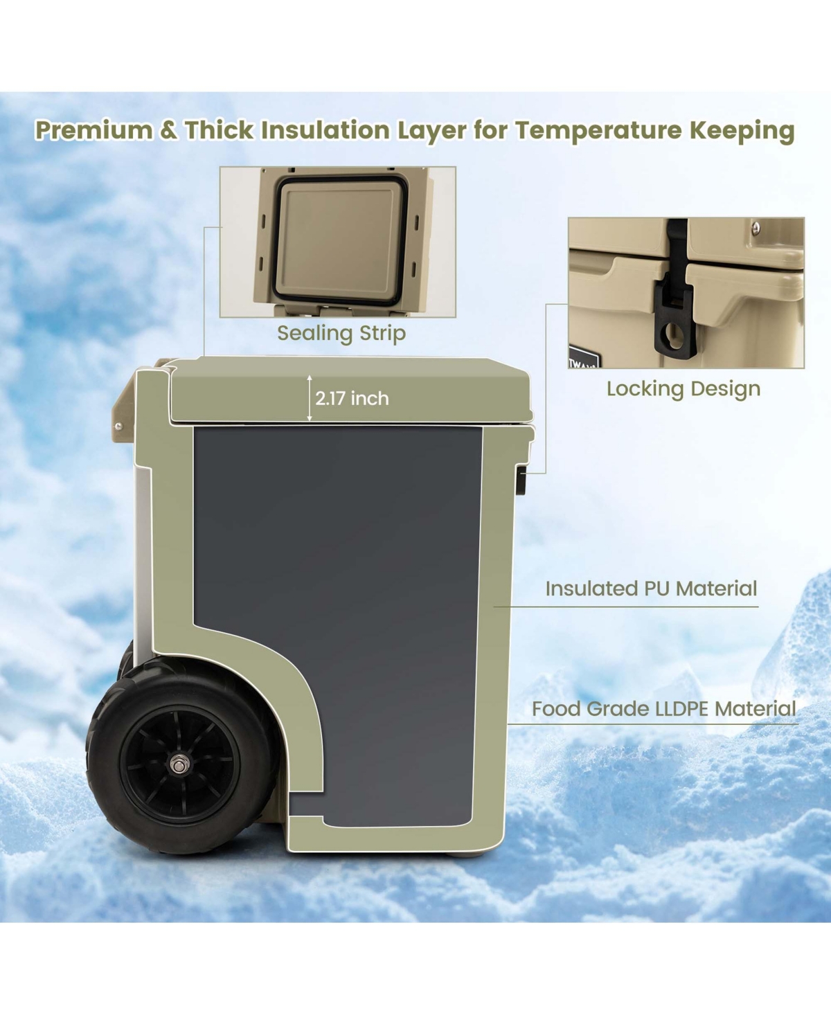 Cooler Towable Ice Chest w/ All-Terrain Wheels Leak-Proof for Camping