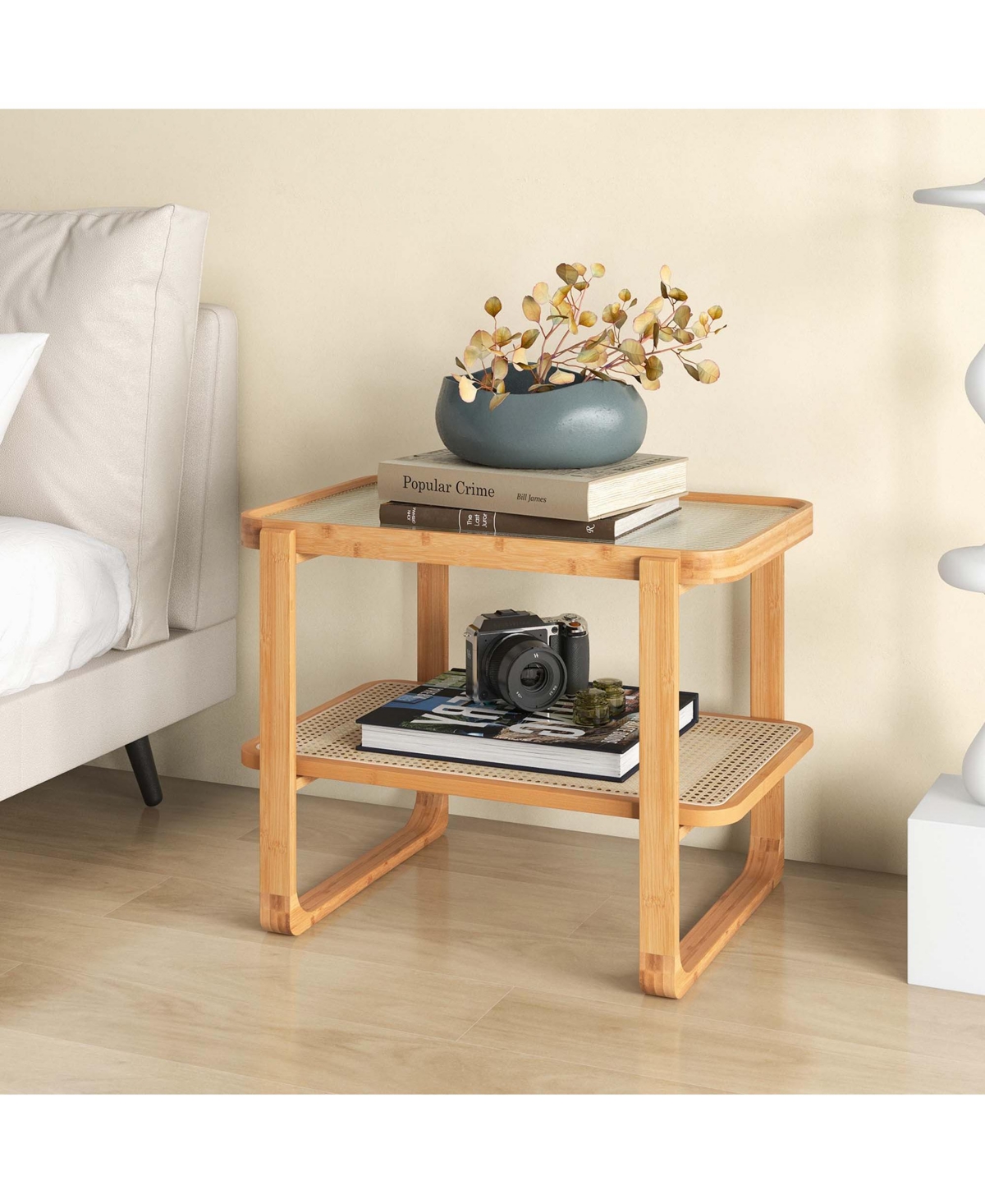 1 Pc Bamboo Side Table with Rattan Shelf Glass Top Nightstand Sofa End Table