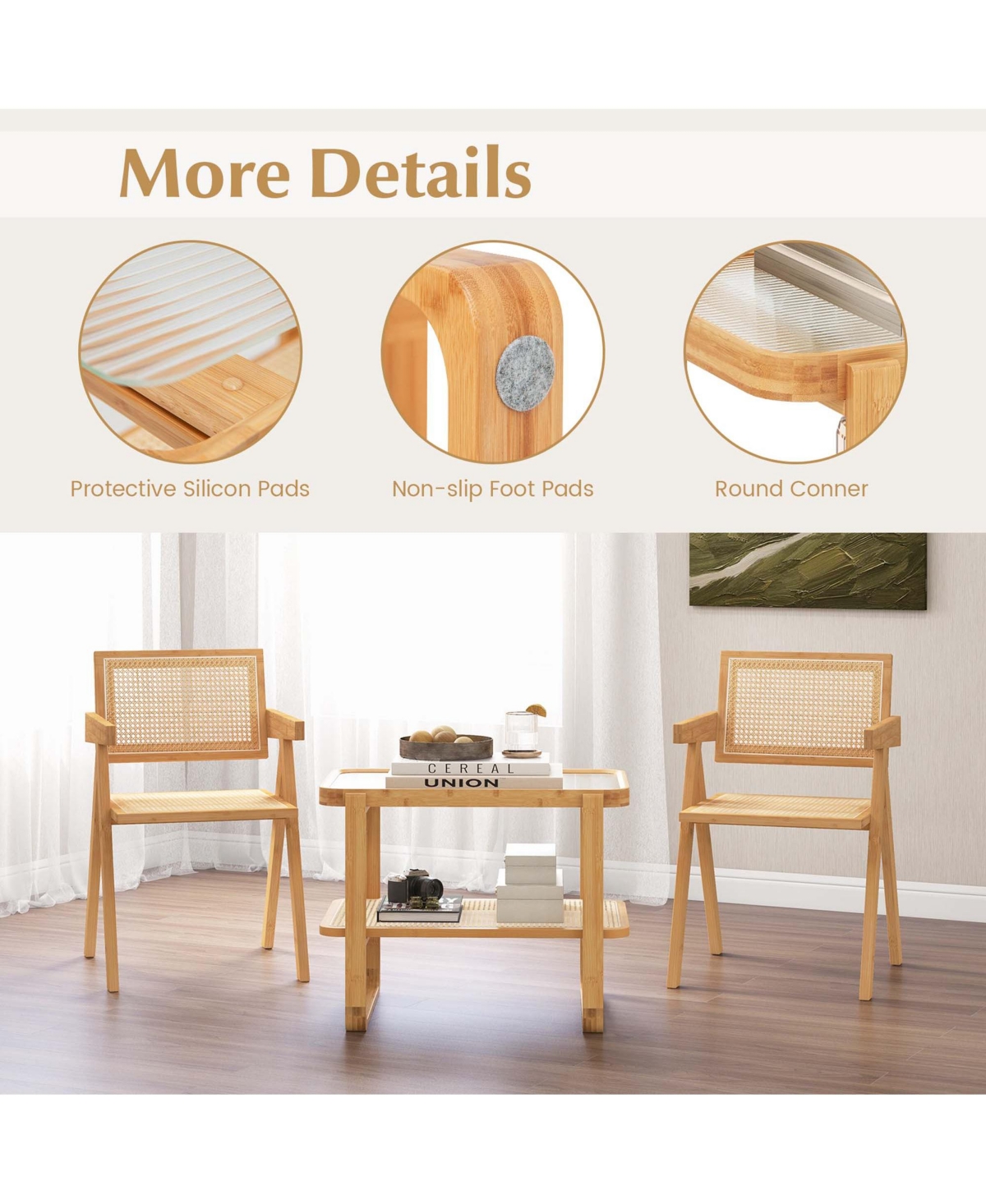 1 Pc Bamboo Side Table with Rattan Shelf Glass Top Nightstand Sofa End Table