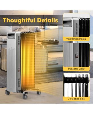 1500W Oil-Filled Radiator Heater Portable Electric Space Heater 3 Heat Settings