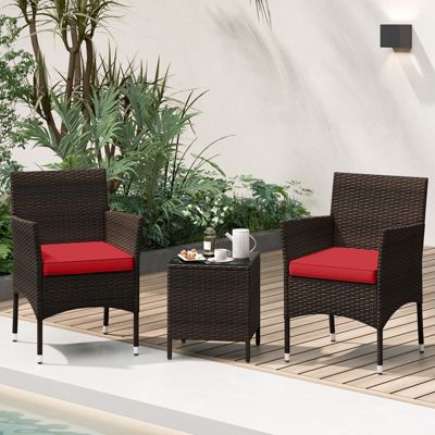 3PCS Outdoor Rattan Conversation Set Patio Furniture Set w/ Red Cushions