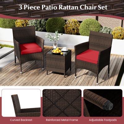 3PCS Outdoor Rattan Conversation Set Patio Furniture Set w/ Red Cushions
