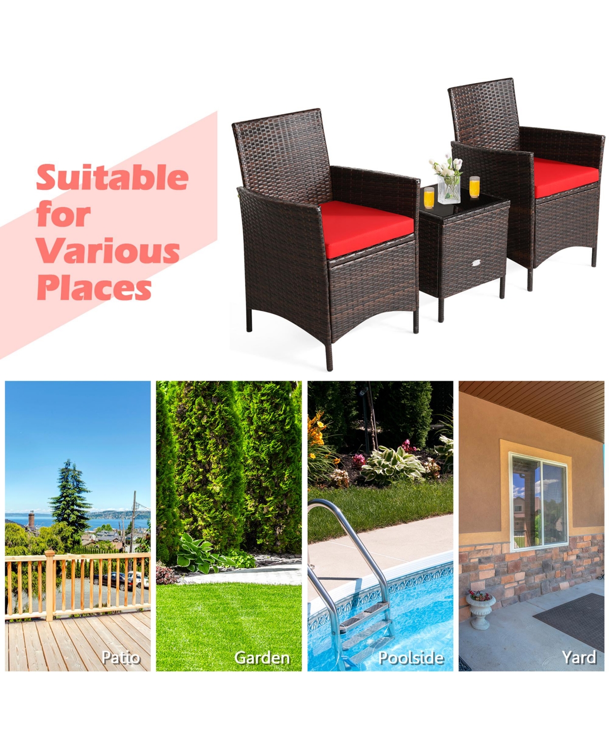 Gymax 3PCS Outdoor Rattan Conversation Set Patio Furniture Set w/ Red Cushions - Red+brown