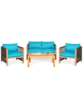 8PCS Acacia Wood Outdoor Patio Furniture Conversation Set W/ Turquoise Cushions