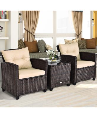 3PCS Patio Rattan Furniture Set Cushioned Sofa Coffee Table Garden