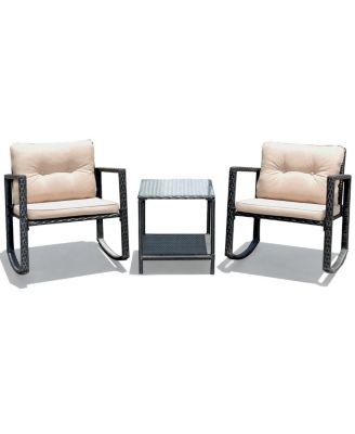 3PC Patio Rattan Conversation Set Rocking Chair Cushioned