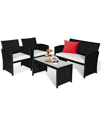 4PCS Outdoor Patio Rattan Furniture Conversation Set Cushioned Sofa Coffee Table