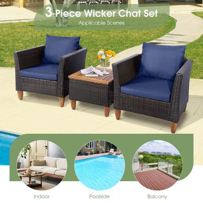 3PCS Patio Rattan Bistro Furniture Set Wood Table Top Cushion Sofa